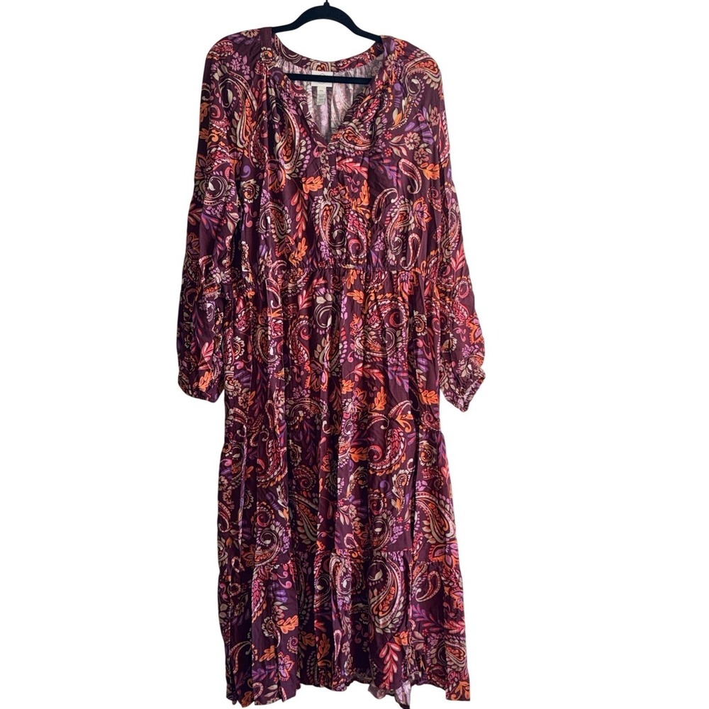 Boho Paisley Rayon Maxi Dress XXL - Flowy Long Sleeve Festival Boho Chic